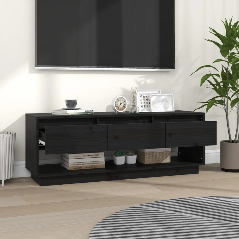 Szafka pod TV, czarna, 110,5x34x40 cm, lite drewno sosnowe