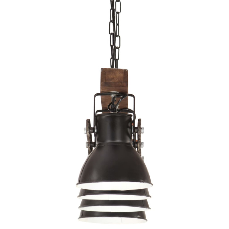 Industrialna lampa sufitowa, czarna, E27, drewno mango