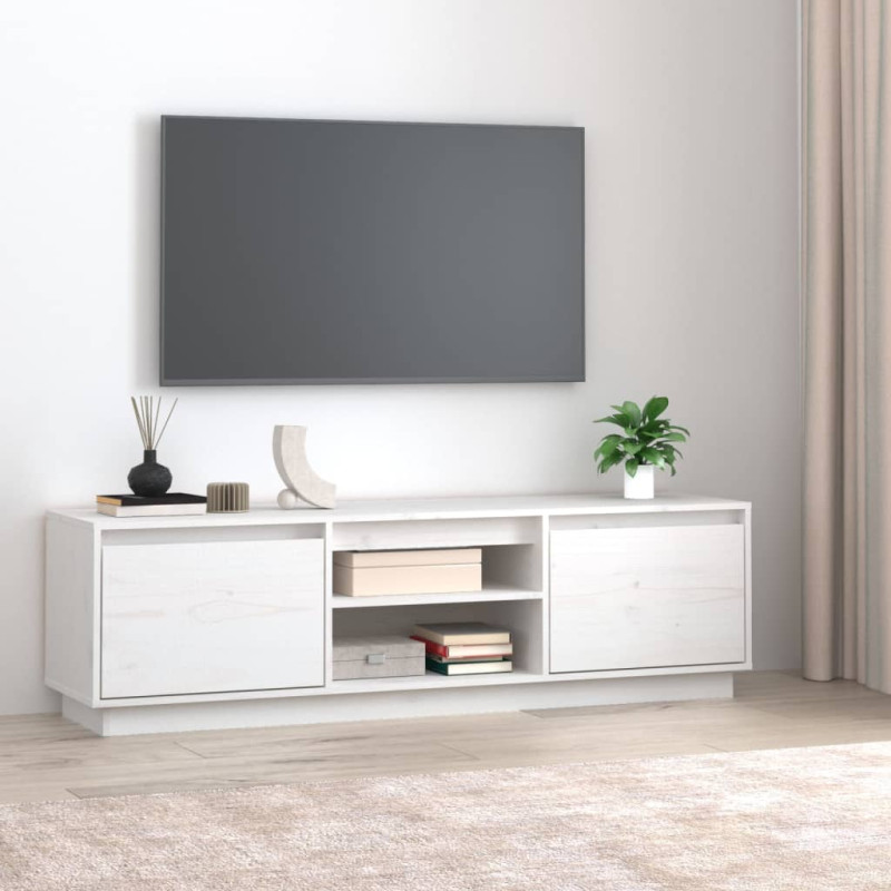 Szafka pod telewizor, biała, 140x35x40 cm, lite drewno sosnowe