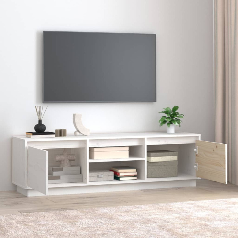 Szafka pod telewizor, biała, 140x35x40 cm, lite drewno sosnowe