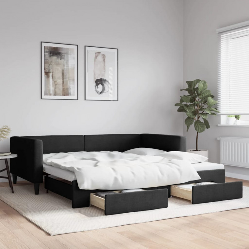 Sofa rozsuwana z szufladami, czarna, 100x200 cm, tkanina