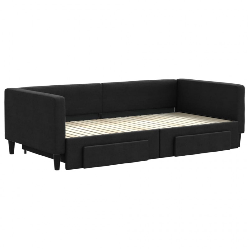 Sofa rozsuwana z szufladami, czarna, 100x200 cm, tkanina