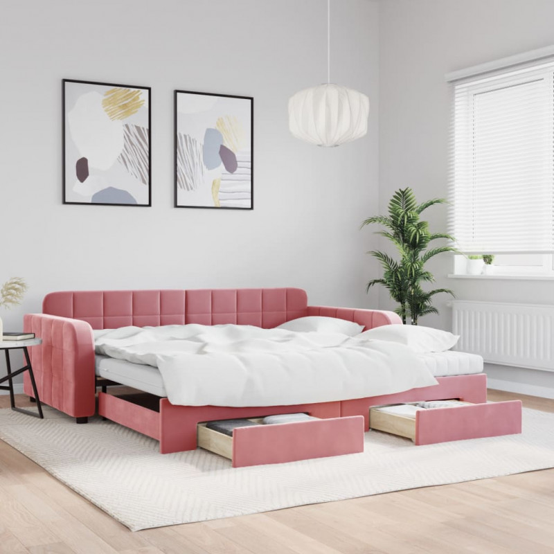 Sofa rozsuwana z szufladami, różowa, 100x200 cm, aksamit