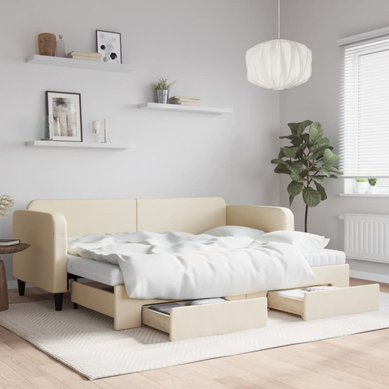 Sofa rozsuwana z szufladami, kremowa, 80x200 cm, tkanina