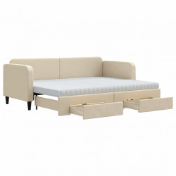 Sofa rozsuwana z szufladami, kremowa, 80x200 cm, tkanina