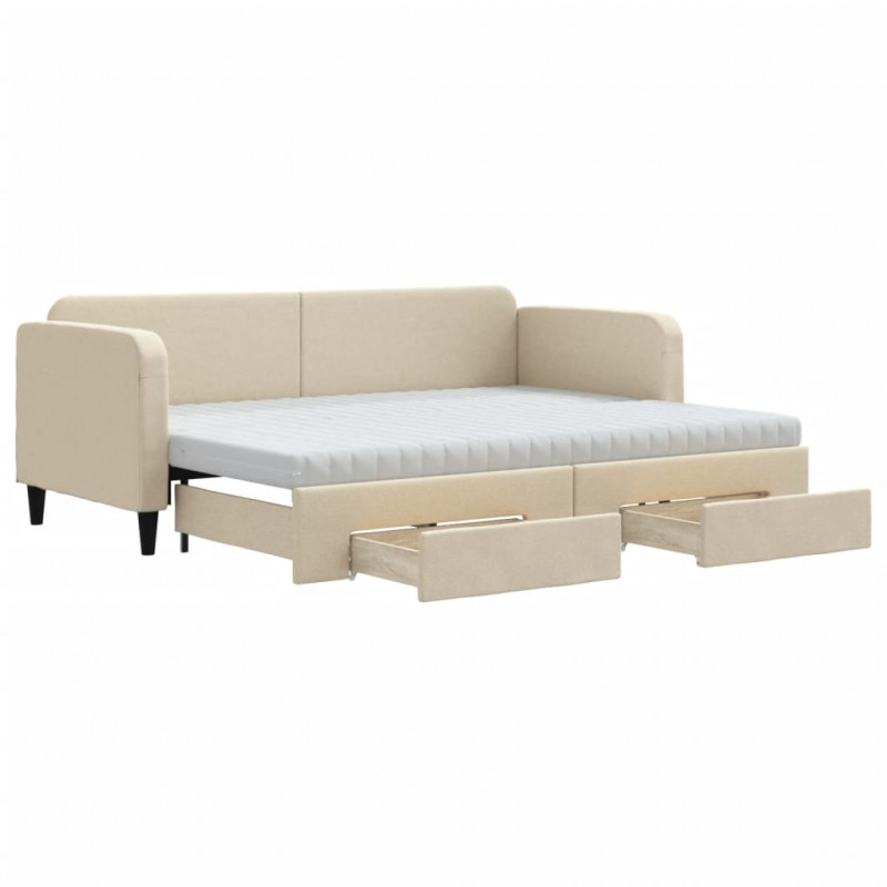 Sofa rozsuwana z szufladami, kremowa, 80x200 cm, tkanina
