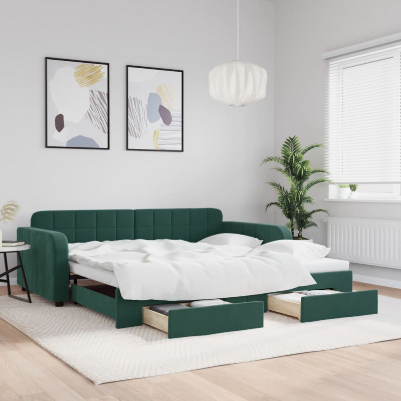 Sofa rozsuwana z szufladami, ciemnozielona, 100x200 cm, aksamit
