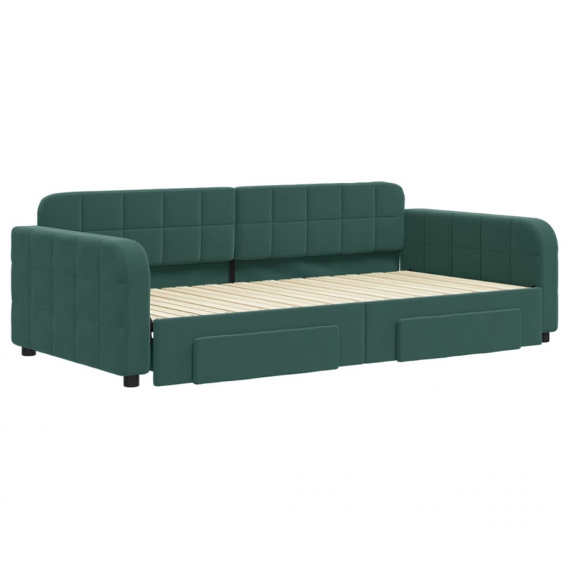Sofa rozsuwana z szufladami, ciemnozielona, 100x200 cm, aksamit