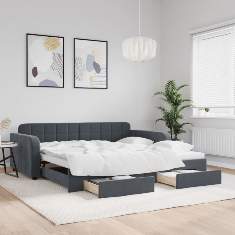 Sofa rozsuwana z szufladami, ciemnoszara, 100x200 cm, aksamit