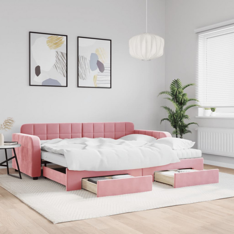 Sofa rozsuwana z szufladami, różowa, 90x200 cm, aksamit