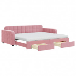 Sofa rozsuwana z szufladami, różowa, 90x200 cm, aksamit