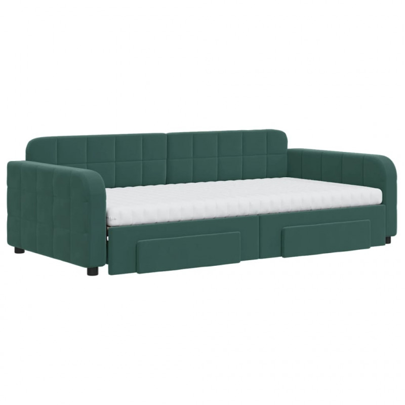Sofa rozsuwana z szufladami, ciemnozielona, 100x200 cm, aksamit