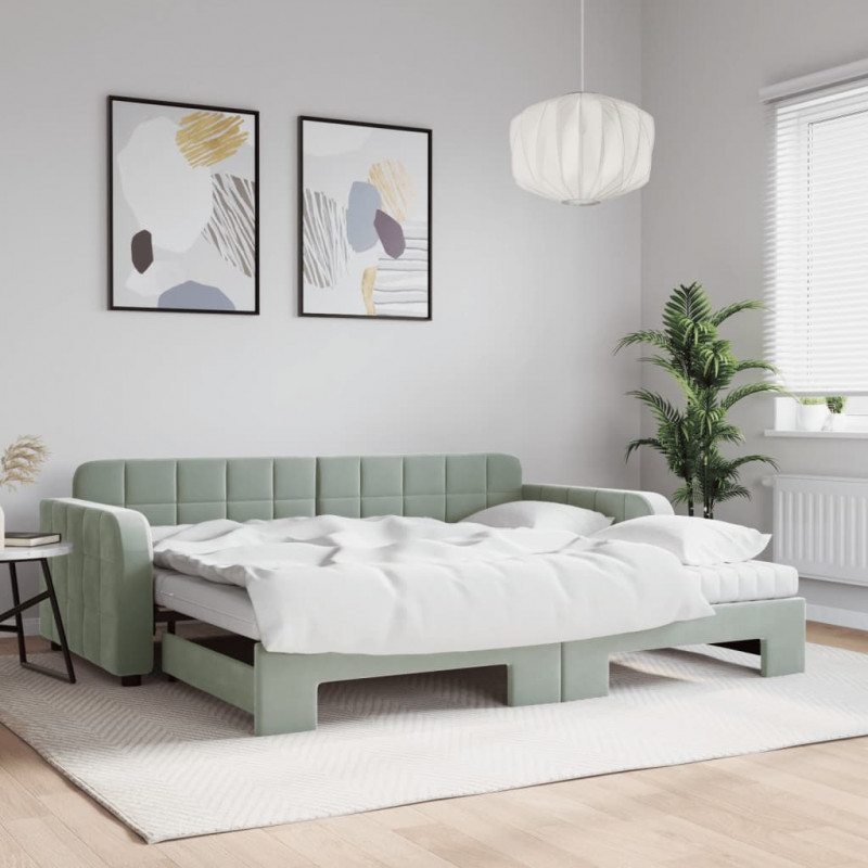 Sofa rozsuwana z materacami, jasnoszara, 90x200 cm, aksamit