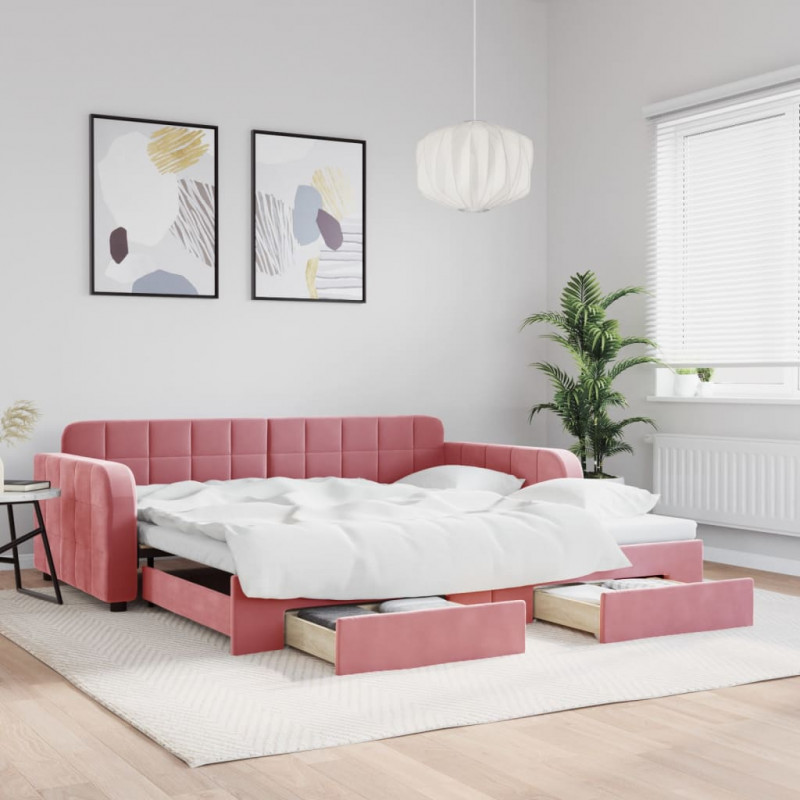 Sofa rozsuwana z szufladami, różowa, 100x200 cm, aksamit