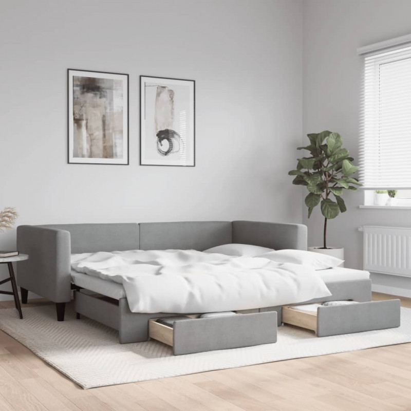 Sofa rozsuwana z szufladami, jasnoszara, 100x200 cm, tkanina