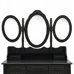 Toaletka z taboretem i składanym, 3 częściowym lustrem, czarna