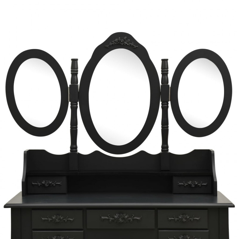 Toaletka z taboretem i składanym, 3 częściowym lustrem, czarna