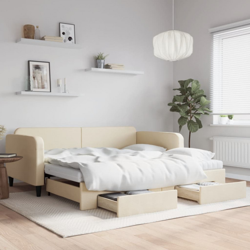 Sofa rozsuwana z szufladami, kremowa, 100x200 cm, tkanina