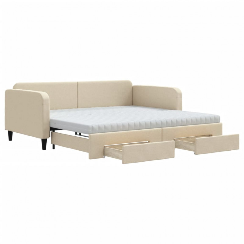 Sofa rozsuwana z szufladami, kremowa, 100x200 cm, tkanina