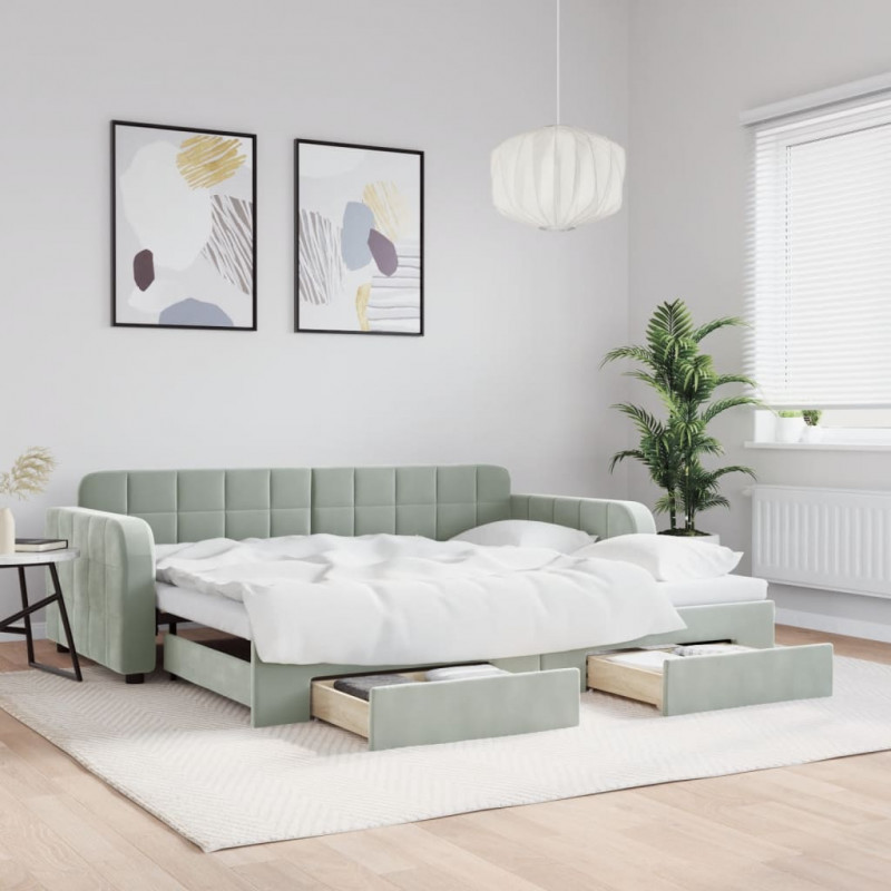 Sofa rozsuwana z szufladami, jasnoszara, 90x200 cm, aksamit