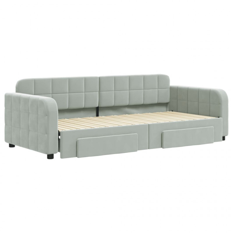 Sofa rozsuwana z szufladami, jasnoszara, 90x200 cm, aksamit
