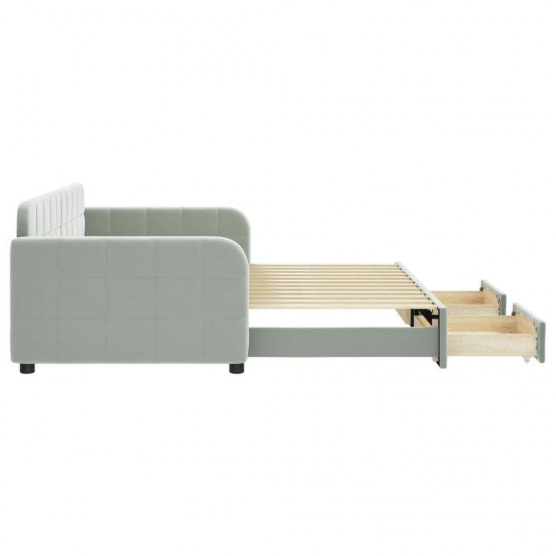 Sofa rozsuwana z szufladami, jasnoszara, 90x200 cm, aksamit