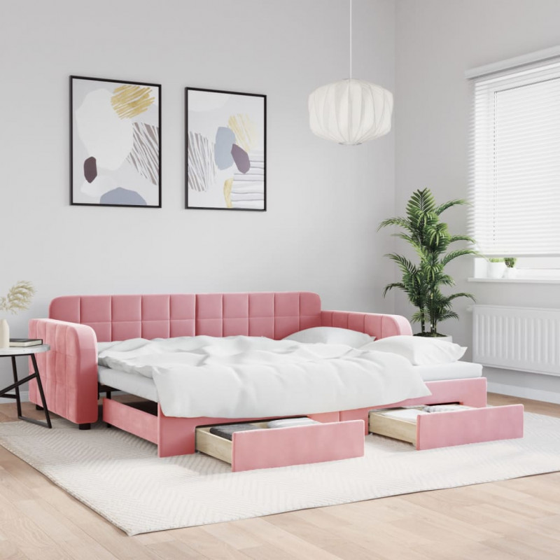 Sofa rozsuwana z szufladami, różowa, 90x200 cm, aksamit
