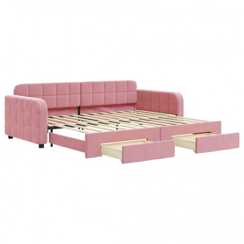 Sofa rozsuwana z szufladami, różowa, 90x200 cm, aksamit