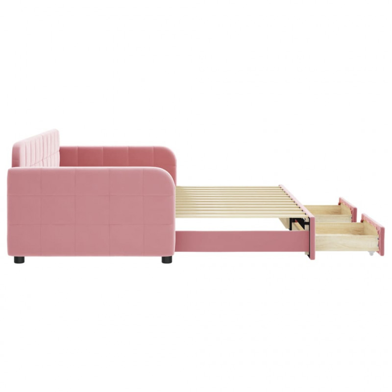 Sofa rozsuwana z szufladami, różowa, 90x200 cm, aksamit