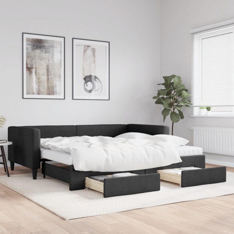 Sofa rozsuwana z szufladami, czarna, 100x200 cm, tkanina