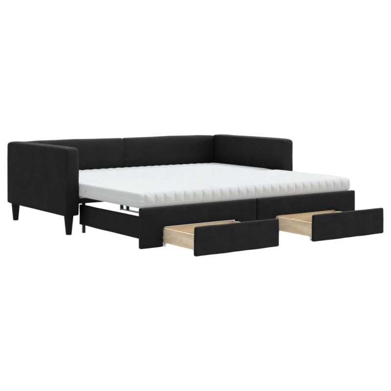 Sofa rozsuwana z szufladami, czarna, 100x200 cm, tkanina