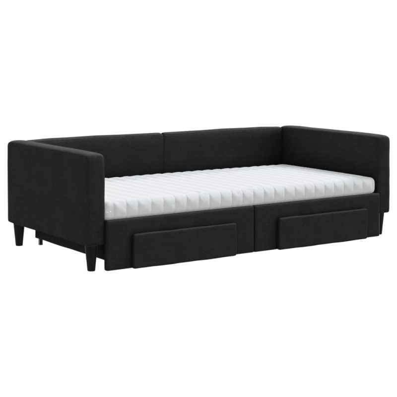 Sofa rozsuwana z szufladami, czarna, 100x200 cm, tkanina