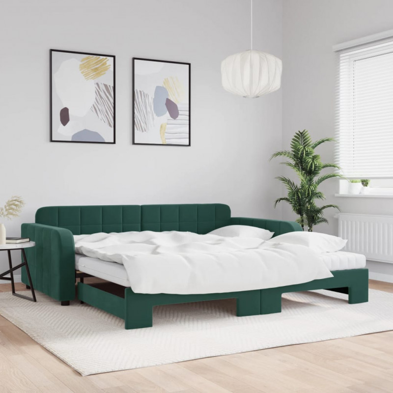 Sofa rozsuwana z materacami, ciemnozielona, 100x200 cm, aksamit