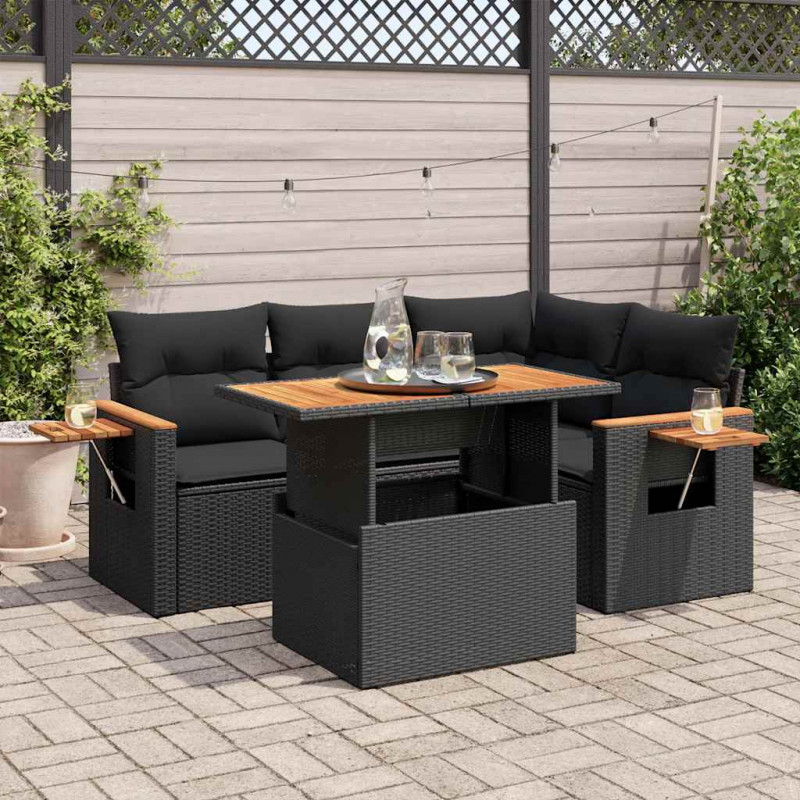 4-cz. sofa ogrodowa z poduszkami, czarny rattan PE i akacja