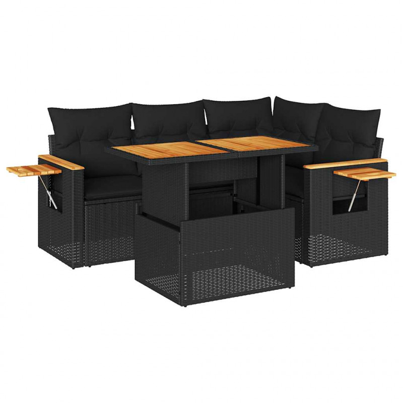 4-cz. sofa ogrodowa z poduszkami, czarny rattan PE i akacja