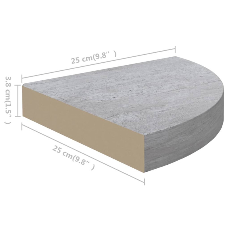 Narożna półka ścienna, szarość betonu, 25x25x3,8 cm MDF
