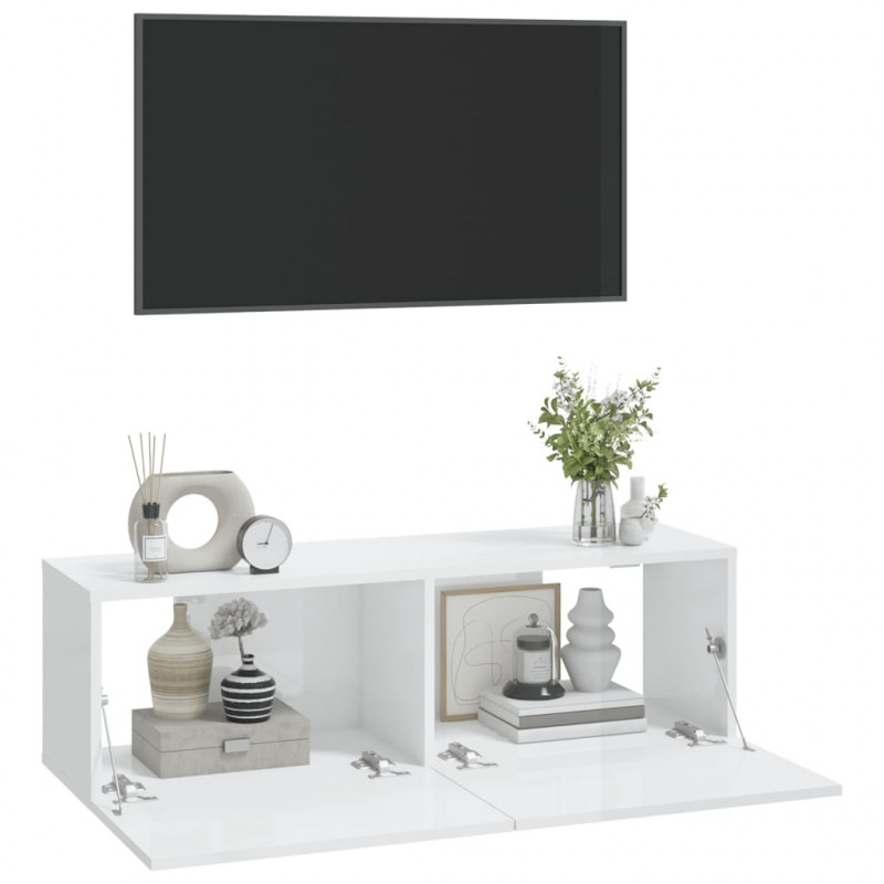 Szafki ścienne pod TV, 2 szt, biel, wysoki połysk, 100x30x30 cm