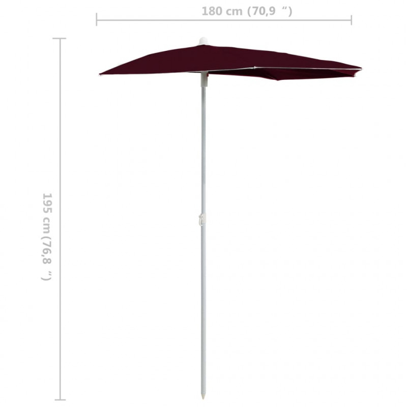 Półokrągły parasol ogrodowy na słupku, 180x90 cm, bordowy