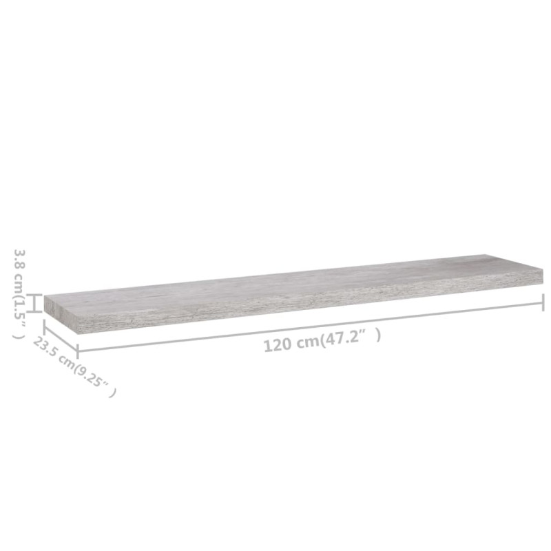 Półka ścienna, szarość betonu, 120 x 23,5 x 3,8 cm, MDF