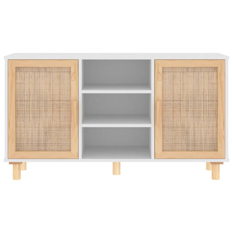 Kredens, biały, 105x30x60 cm, lita sosna i naturalny rattan