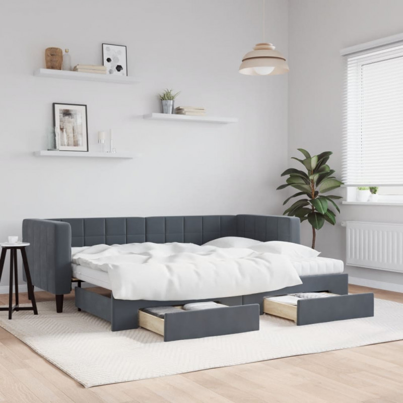 Sofa rozsuwana z szufladami, ciemnoszara, 80x200 cm, aksamit