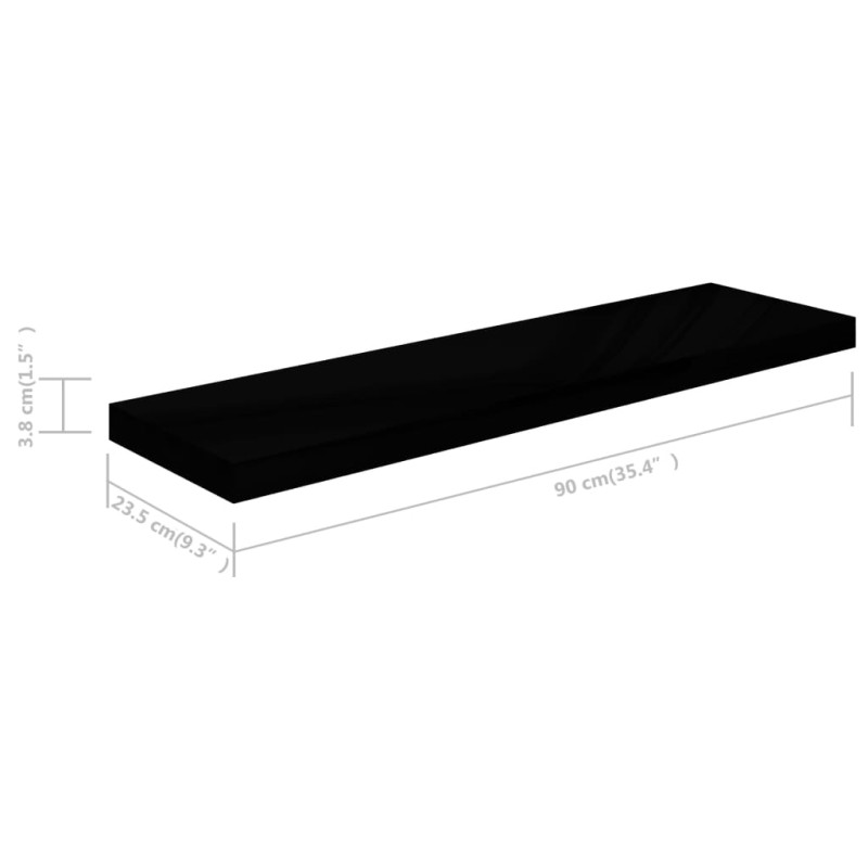 Półka ścienna, wysoki połysk, czarna, 90x23,5x3,8 cm, MDF