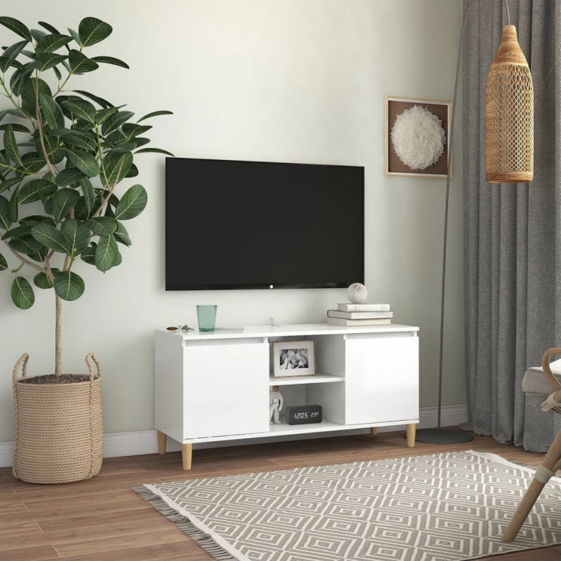 Szafka TV z drewnianymi nóżkami, biała, połysk, 103,5x35x50 cm
