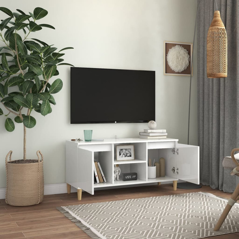 Szafka TV z drewnianymi nóżkami, biała, połysk, 103,5x35x50 cm