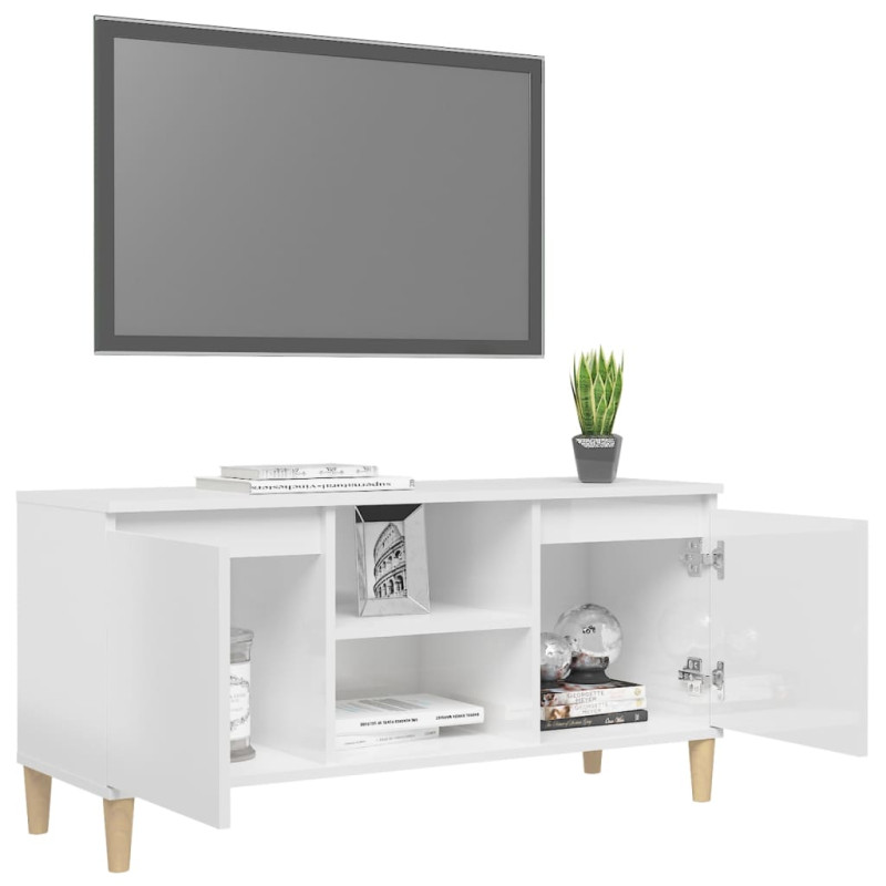 Szafka TV z drewnianymi nóżkami, biała, połysk, 103,5x35x50 cm