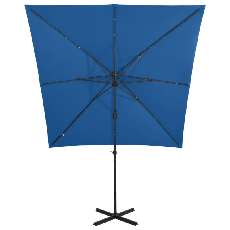 Parasol wiszący z LED i słupkiem, niebieski, 250 cm
