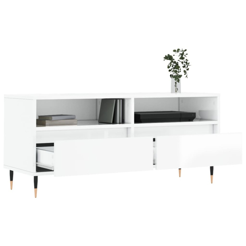 Szafka pod TV, wysoki połysk, biała, 100x34,5x44,5 cm