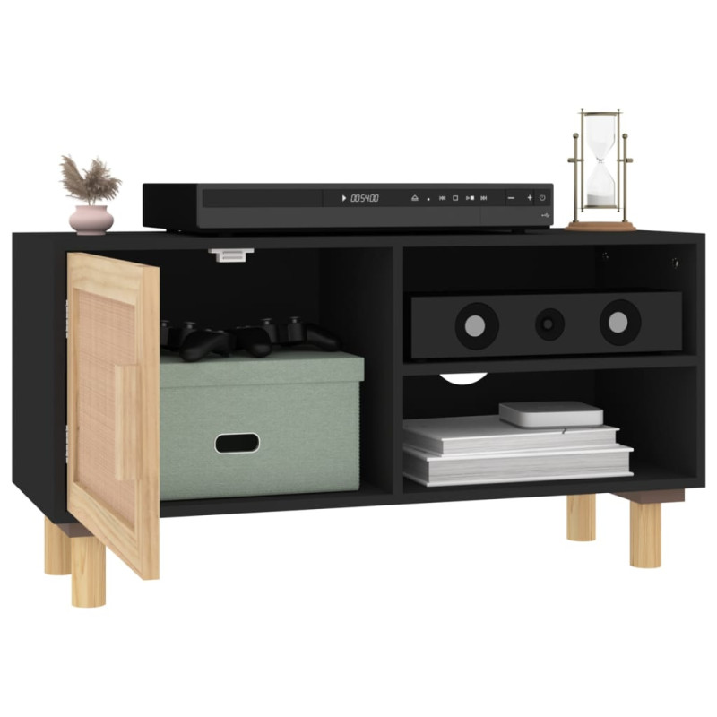 Stolik pod TV, czarny, 80x30x40 cm, drewno sosnowe i rattan