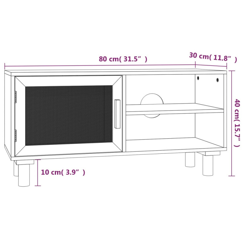 Stolik pod TV, czarny, 80x30x40 cm, drewno sosnowe i rattan