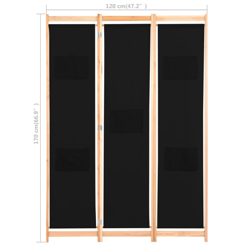 Parawan 3-panelowy, czarny, 120x170x4 cm, tkanina